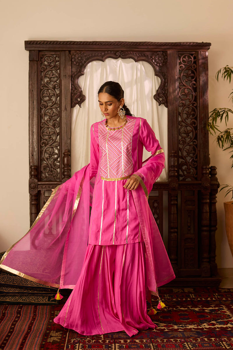 Leher Hot Pink Short Shirt Sharara Set