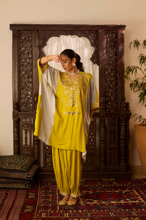 Leher Mustard Grey Kaftan Gather Salwar Set