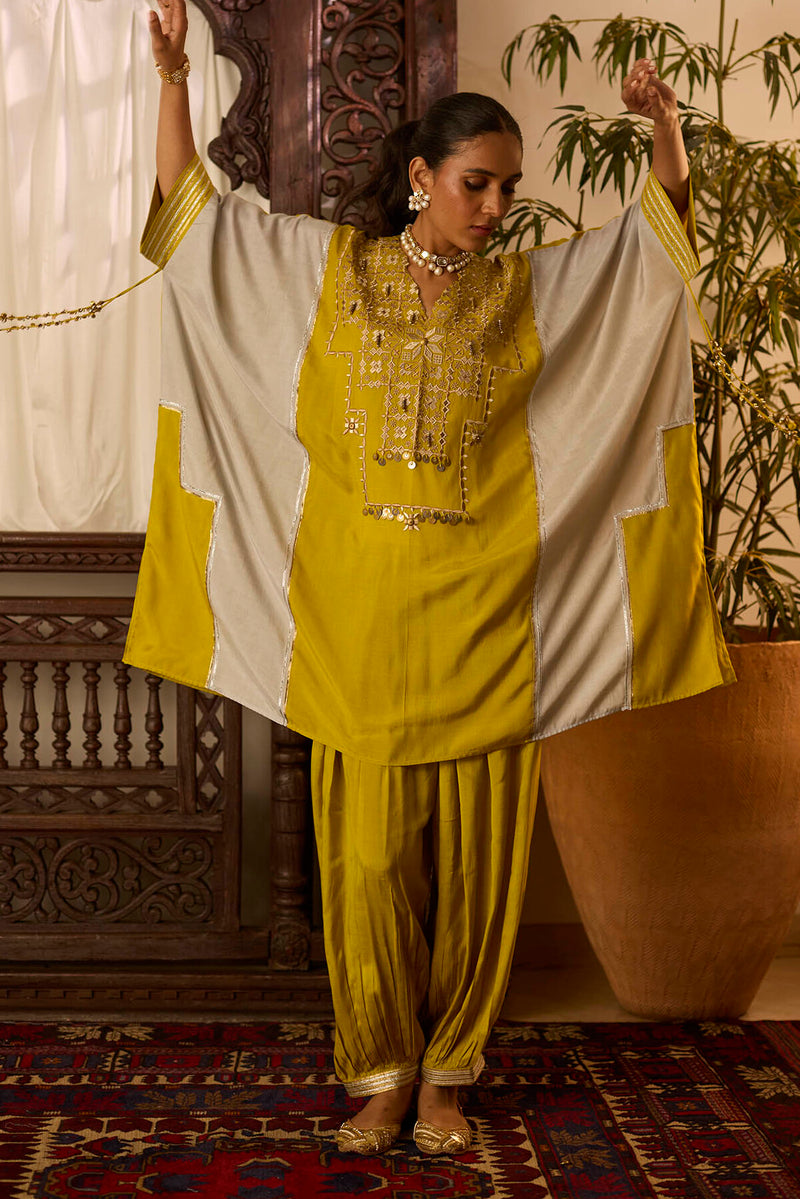 Leher Mustard Grey Kaftan Gather Salwar Set