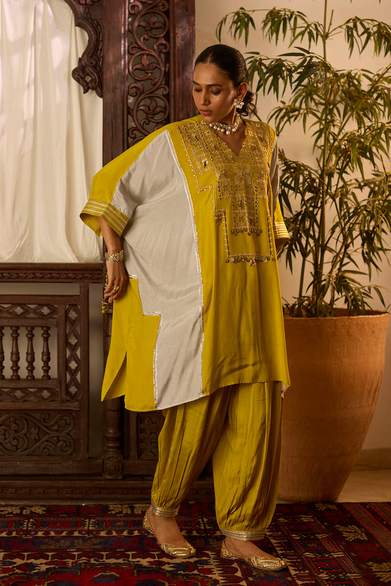 Leher Mustard Grey Kaftan Gather Salwar Set