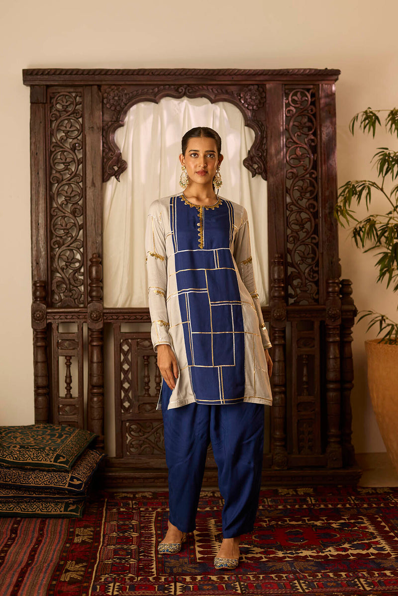 Leher Navy Blue Grey Kashmiri Kurta Set