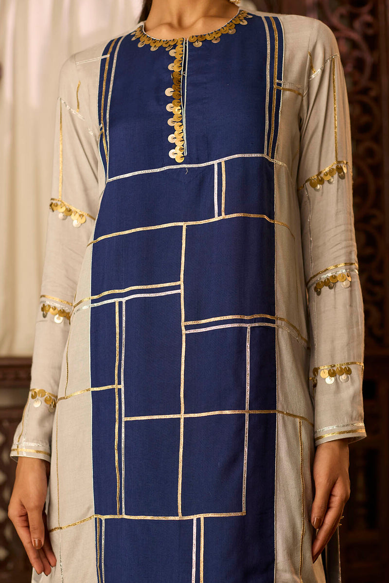 Leher Navy Blue Grey Kashmiri Kurta Set