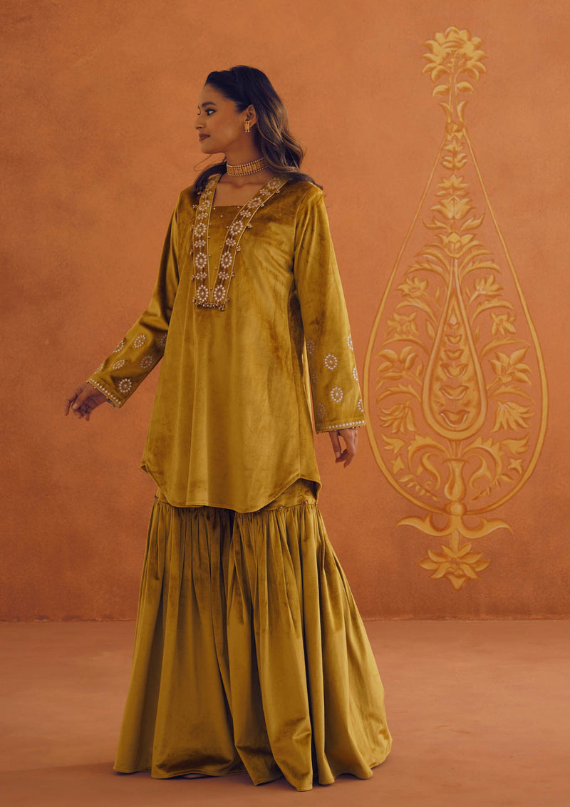 Zeba Mustard Kali Suit Set with Garara & Dupatta