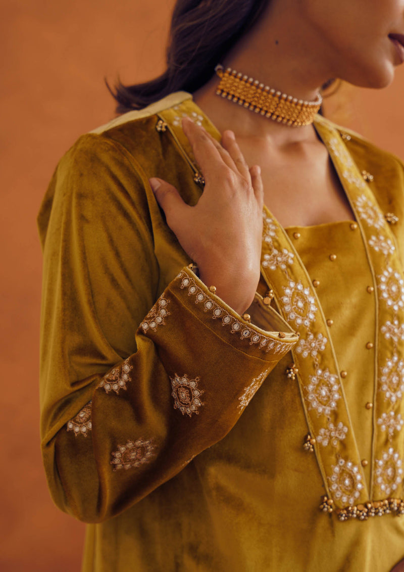 Zeba Mustard Kali Suit Set with Garara & Dupatta