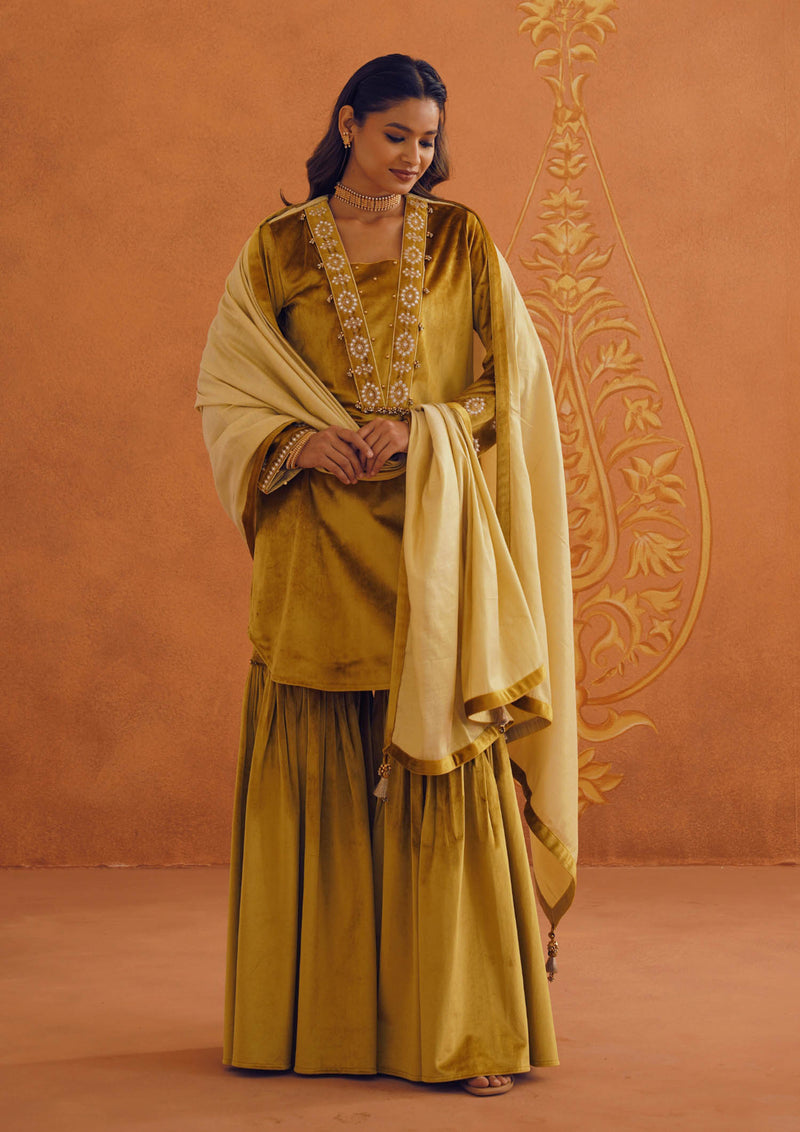 Zeba Mustard Kali Suit Set with Garara & Dupatta