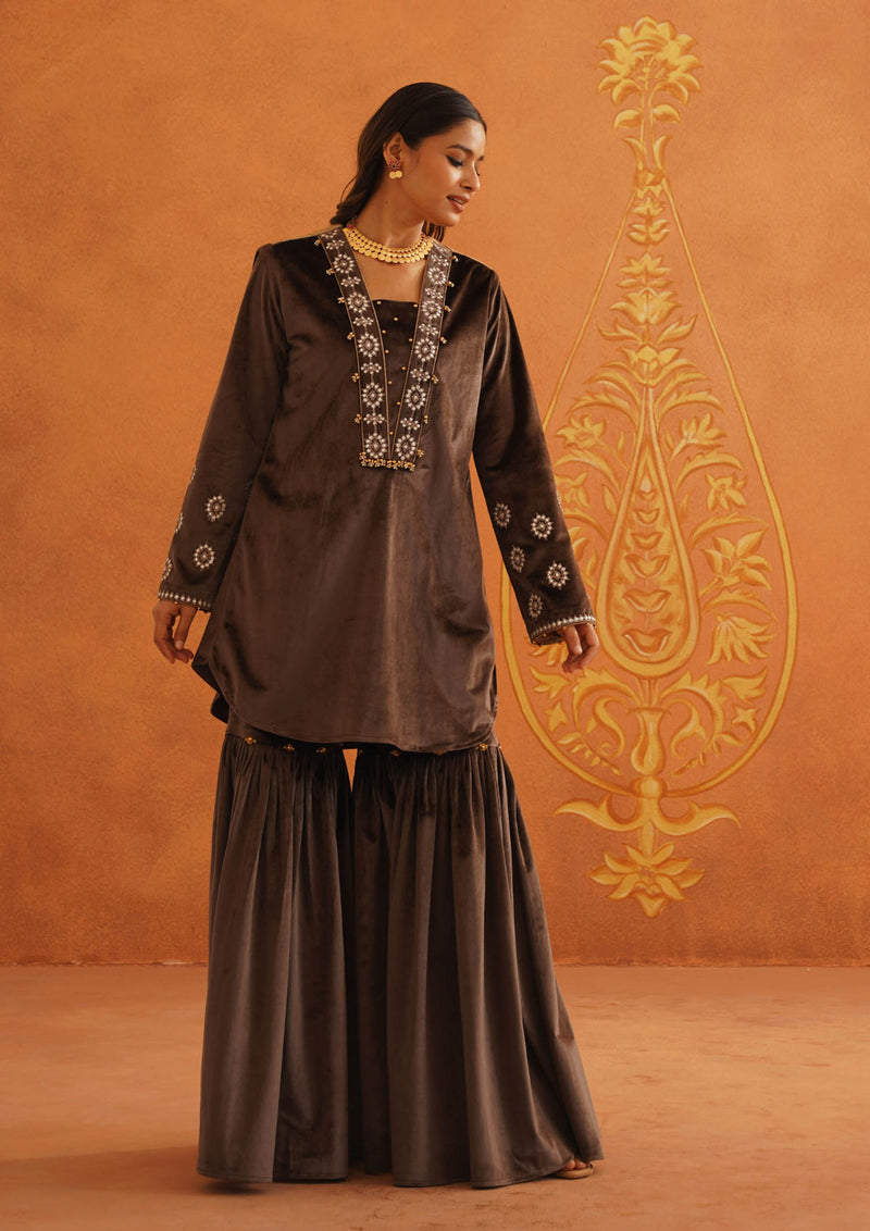 ZEC Brown Kali Suit Set with Garara & Dupatta