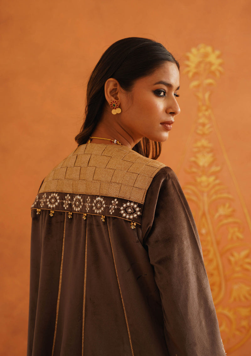 ZEC Brown Kali Suit Set with Garara & Dupatta