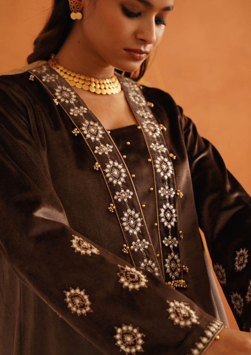 ZEC Brown Kali Suit Set with Garara & Dupatta