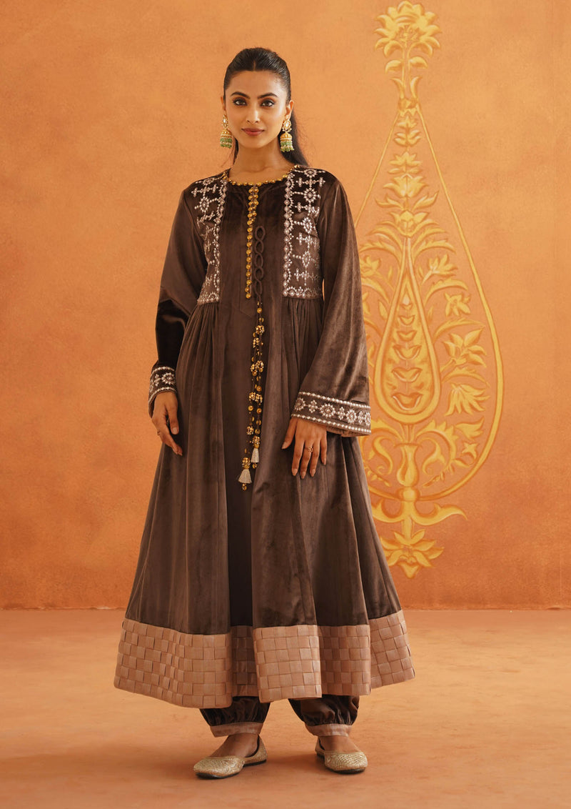 Zeba Brown Sidegather Suit Set With Dupatta