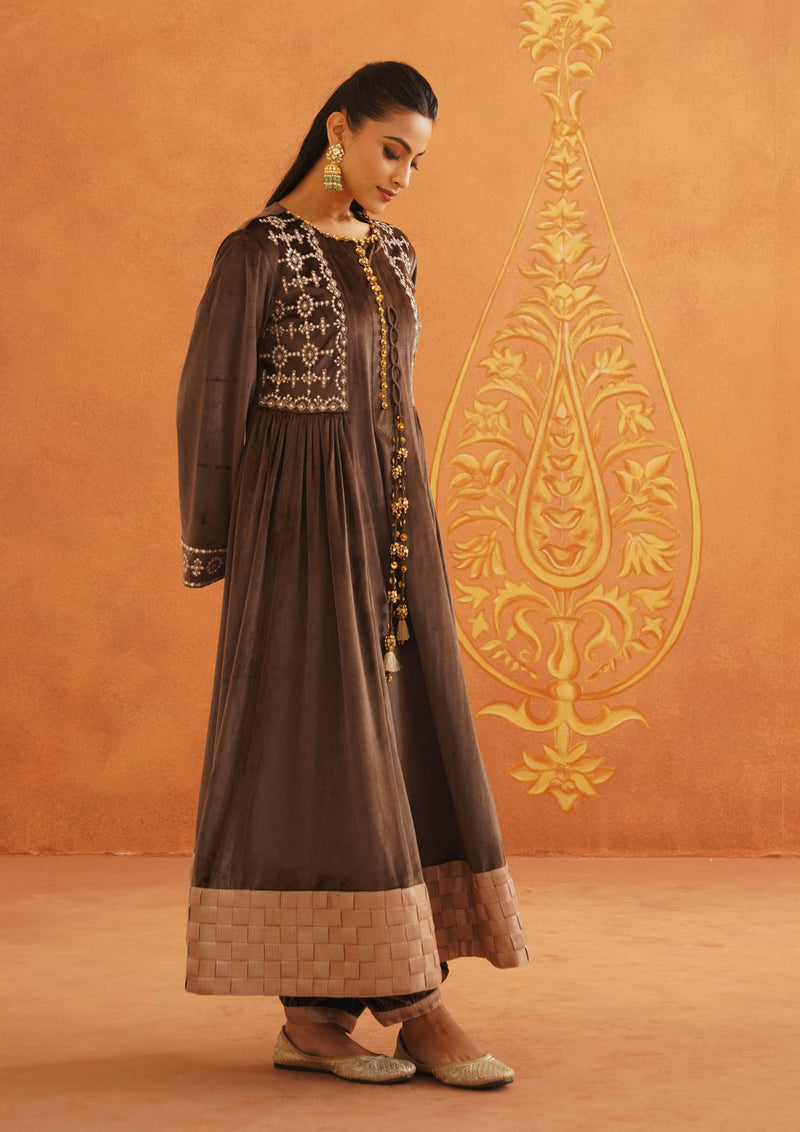 Zeba Brown Sidegather Suit Set With Dupatta