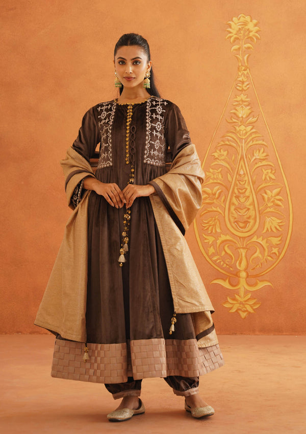 Zeba Brown Sidegather Suit Set With Dupatta