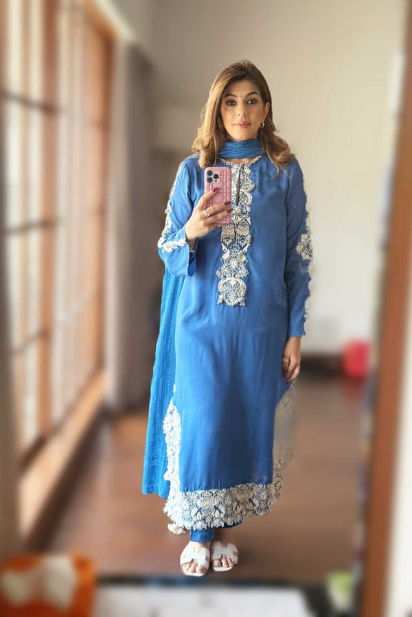 Sukoon Blue Straight suit set with Dupatta