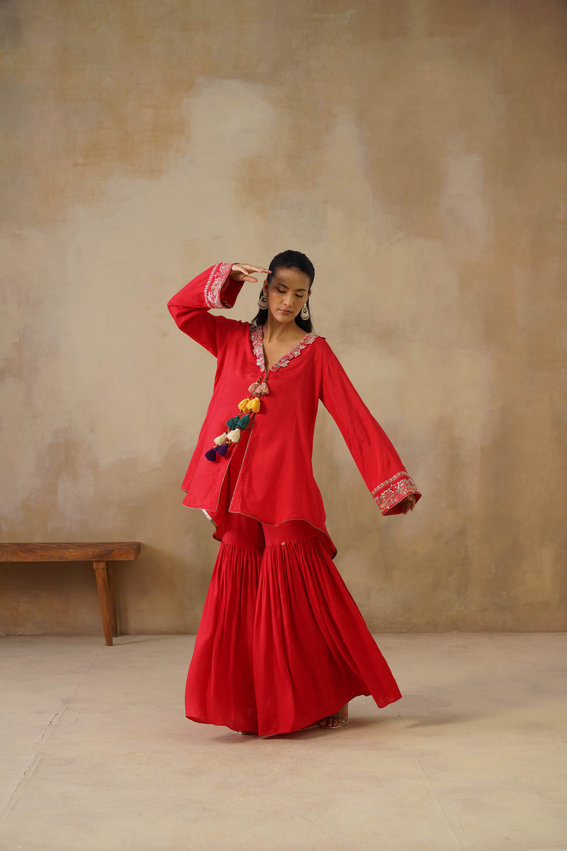 Noor Red Coat set with Garara