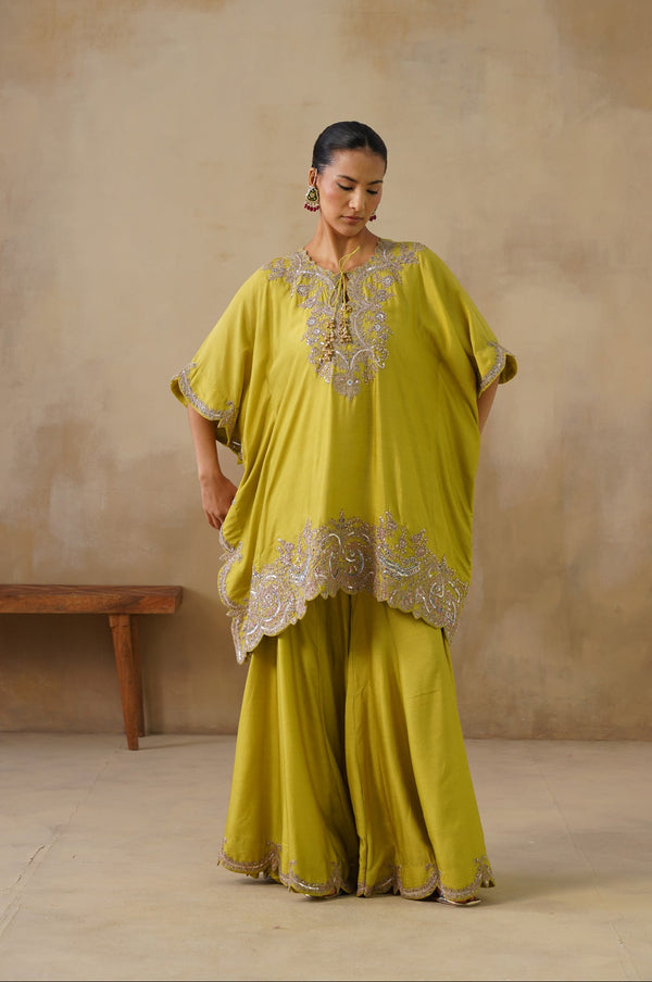 Zyra Mustard Green Kaftan Set with Sharara