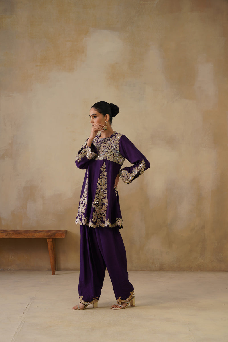 Zyra Purple Kali Suit Set with Slim Salwar and Dupatta