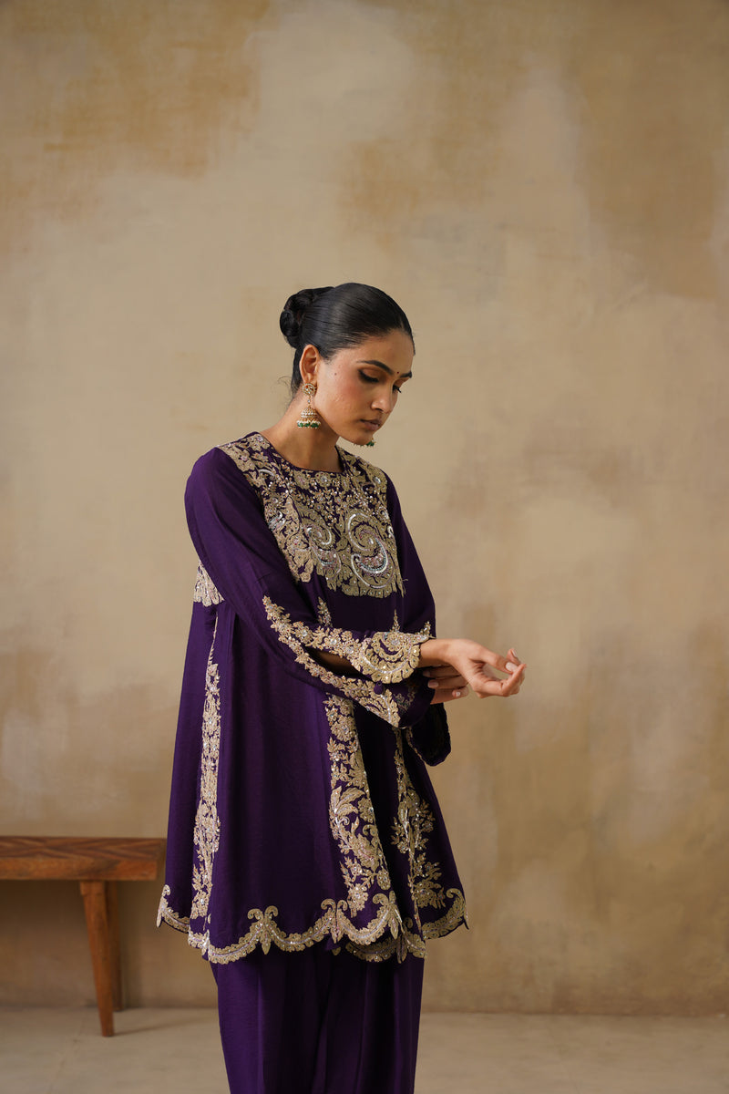 Zyra Purple Kali Suit Set with Slim Salwar and Dupatta