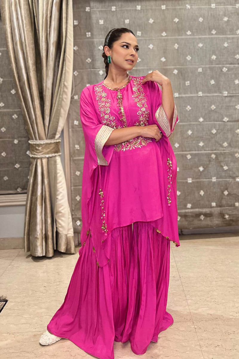 Leher Hot Pink Kaftan with Garara Set