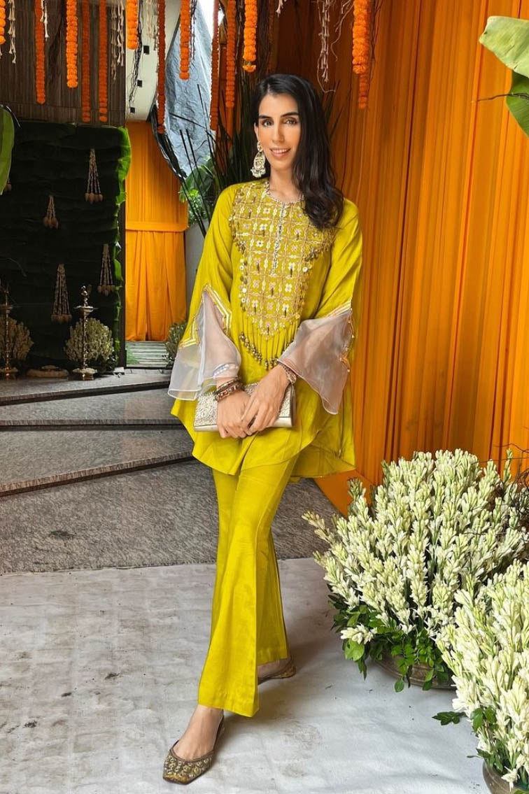 Leher Mustard Kali Suit Set