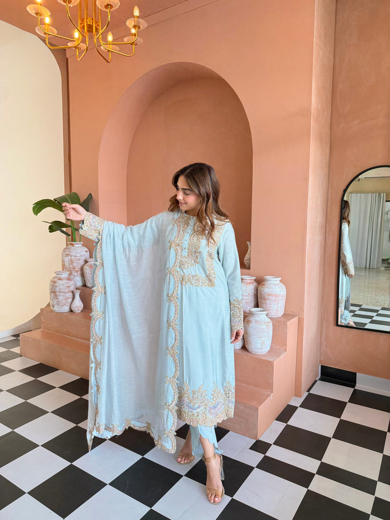 Zyra Sky Blue Straight Suit Set with Dupatta