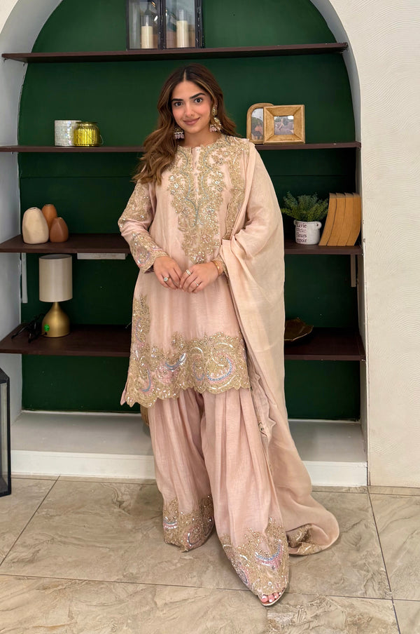 Zyra Blush Pink Short Shirt Farsi Salwar Set with Dupatta