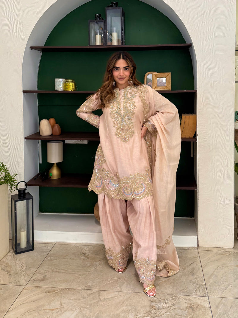 Zyra Blush Pink Short Shirt Farsi Salwar Set with Dupatta
