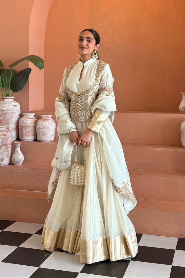 Zyra Off White Waistcoat Suit Set with Dupatta