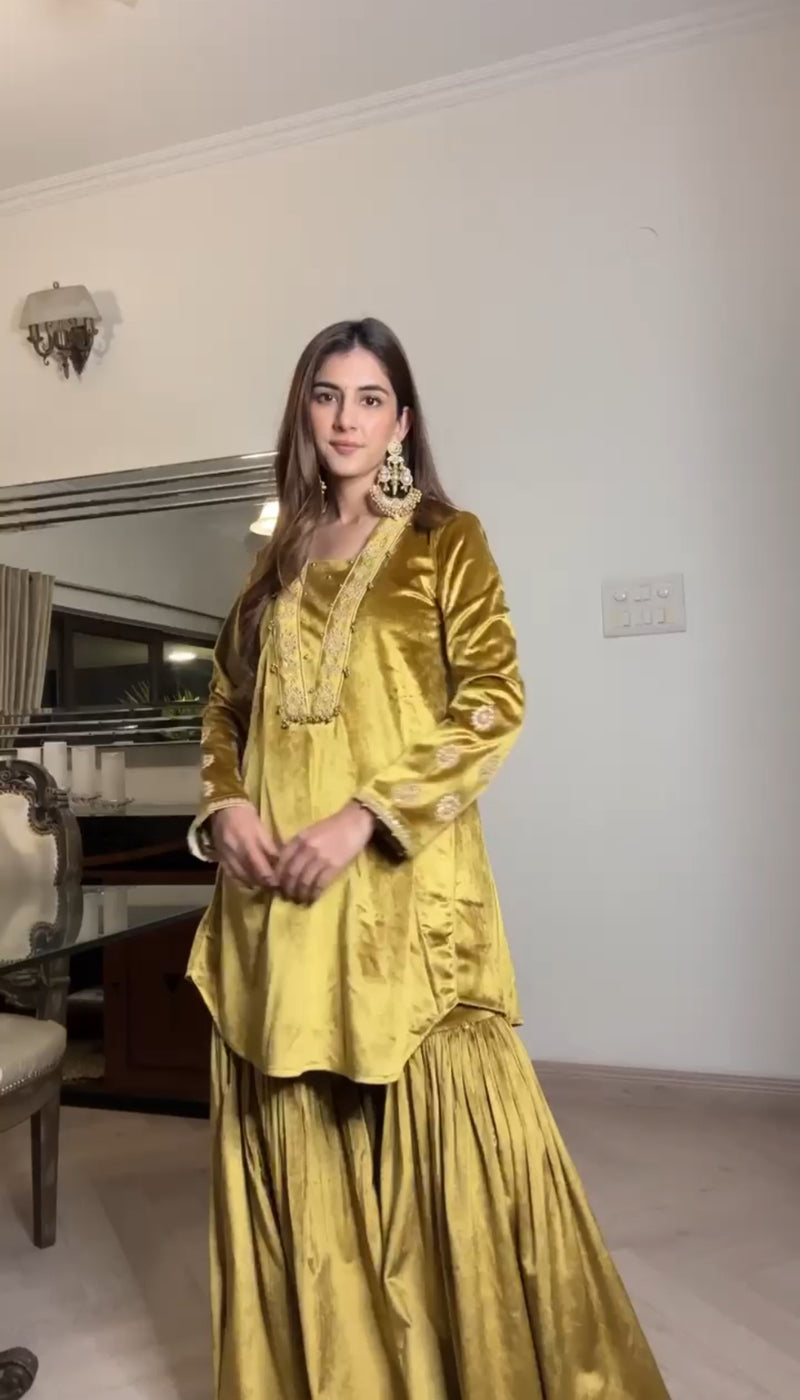 Zeba Mustard Kali Suit Set with Garara & Dupatta