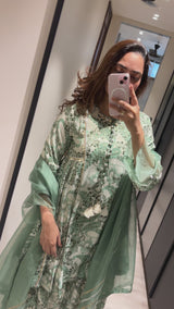 Peher Inara Set - Sage Green Sidekali Suit Set with Dupatta